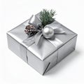 Silver Wrapped Christmas Gift with Ornament and Pine Branch on White Royalty Free Stock Photo