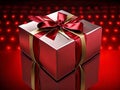 Silver Wrapped Gift Box with a Golden and Red Bows on Reflective Surface on Red Background, created with Generative AI technology