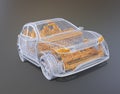 Silver and yellow wire frame of electric SUV on gradient background