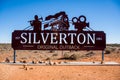 Welcome road sign on entrance to historical town of Silverton located near Broken Hill in Royalty Free Stock Photo