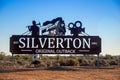 Welcome road sign on entrance to historical town of Silverton located near Broken Hill in Royalty Free Stock Photo