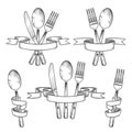 Silverware, cutlery, dinner table utensils. Knife, spoon and fork in retro banner ribbons hand drawing set. Kitchen Royalty Free Stock Photo