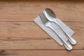 Silverware, fork spoon and paper put on wooden dining table set in left hand focused for make copy space on right hand image for