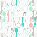 Silverware icons seamless pattern background. Fork, knife and spoon silhouettes on different colors. Vector illustration Royalty Free Stock Photo