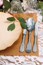 Silverware with porcelain plate on table, flat lay Royalty Free Stock Photo