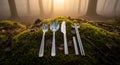 Silverware Set on Mossy Forest Floor at Sunrise: Fork, Spoon, Knife, Chopsticks Royalty Free Stock Photo