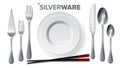 Silverware Set Vector. Silver Metal Knife, Spoon, Fork, Spatula, Chopsticks, Plate. Top View. 3D Realistic Illustration Royalty Free Stock Photo