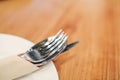 Silverware for Steak Concept.Restaurant tissue mock up with knife fork and spoon Royalty Free Stock Photo