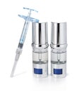 Silvery ampoules, small bottles, medical or cosmetic appointment and syringe