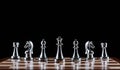 Silvery chess figures standing on chessboard