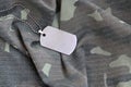 Silvery military beads with dog tag on camouflage fatigue uniform