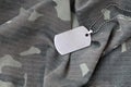 Silvery military beads with dog tag on camouflage fatigue uniform