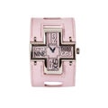 Silvery pink watch in the shape of a cross and with a pink leather strap, front view Royalty Free Stock Photo