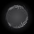 Silvery white round elegant frame.Hand drawn twigs. Black background. Royalty Free Stock Photo