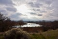 Silvery Winter Skies and Snow Flurries: Yakima River Delta viewed from Columbia Point Royalty Free Stock Photo