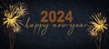 Silvester 2024 Happy New year New Year`s Eve Party background banner panorama long- firework fireworks on rustic dark blue night