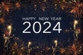 Silvester 2024 Happy New year, New Year`s Eve Party celebration holiday background- Frame made of firework fireworks on dark blue