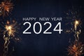 Silvester 2024 Happy New year, New Year`s Eve Party celebration holiday background- Frame made of firework fireworks on dark blue