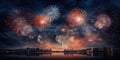 Silvester 2024 New year New Year\'s Eve Party background banner panorama long- firework fireworks on rustic dark night sky