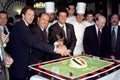 Silvio Berlusconi celebrates the 15th AC Milan Seria A Championship at the restaurant with Fabio Capello and Franco Baresi Royalty Free Stock Photo