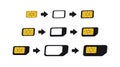 SIM card adapters icon set. eSIM to Nano, Nano to Micro, Micro to Normal sim-card converters.