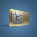 SIM card concept: golden microchip isolated on color background render reflection effect shadow