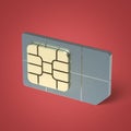 SIM card concept: golden microchip isolated on color background render reflection effect shadow riveted steel
