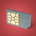 SIM card concept: golden microchip isolated on color background render reflection effect shadow riveted steel