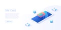 SIM card concept in isometric vector illustration. Mobile network with esim microchip technology. Web banner layout template