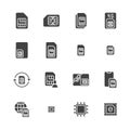 Sim card flat glyph icons set. Micro, nano simcard, new eSim technology, mobile phone chip vector illustrations. Black