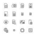 Sim card flat line icons set. Micro, nano simcard, new eSim technology, mobile phone chip vector illustrations. Outline Royalty Free Stock Photo