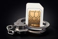 Sim card in handcuffs. Legal problems around careers, operators, bills, high speed networks concept. 3D rendering