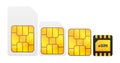 Sim Card. Mobile phone network chip. Sim card collection in different size. Chip for mobile network. From big to esim Royalty Free Stock Photo