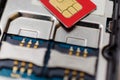 SIM card on slots in mobile phone. Two seats for the . Royalty Free Stock Photo