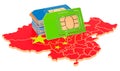 Sim cards on the Chinese map. Mobile communications, roaming in China, concept. 3D rendering Royalty Free Stock Photo