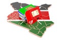 Sim cards on the Kenyan map. Mobile communications, roaming in Kenya, concept. 3D rendering