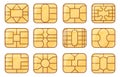 Sim emv chip. Credit card or nfc chips closeup symbol design, atm microchip secure module global banking gsm buying