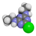 Simazine herbicide molecule. 3D rendering. Atoms are represented as spheres with conventional color coding: hydrogen (white), Royalty Free Stock Photo