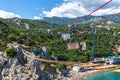 Simeiz, Crimea - July 1, 2019. Suspension bridge on top of the mountain at Diva rock