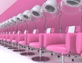 Similar stand hair dryers with armchairs in the interior of a beauty salon in pastel pink colors. Female hairdresser interior