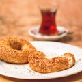 Simit - turkish bagel with turkish tea on the table. Ethnic food