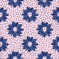 Simle floral doodle seamless pattern with daysies. Navy blue botanic elements on pink dotted background. Naivy backdrop