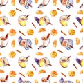Simless pattern with eggnog mugs, orange slices and cinnamon, watercolor hand drawn illustration