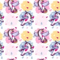 Simless pattern with hand-drawn unicorns with wings and closed eyes on a white background.