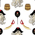 Simless pattern. Pirate symbols-swords, Davy Jones, octopus, barrels, flag. Party decoration