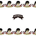 Simless pattern Pirates themed drawings by hand. Pirate symbols-swords, treasure chest, skull and crossbones, Davy Jones, octopus