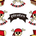 Simless pattern Pirates themed drawings by hand. Pirate symbols-swords, treasure chest, skull and crossbones, Davy Jones, octopus