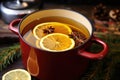 simmering pot of mulled cider with lid partially opened