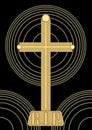 Simple abstract burial decoration with golden crucifix and concentric circle shapes on black background Royalty Free Stock Photo