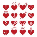 Simple abstract heart shapes icons. Vector burned and broken, pierced by arrow, keyhole hearts signs